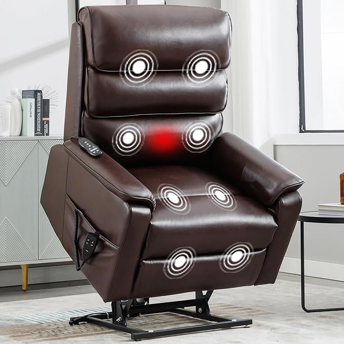 Lay Flat Lift Chair with Heat and Massage, Dual Motor Recliner with Infinite Position, Up to 350 LBS Electric Power Lift, Red Brown Leather