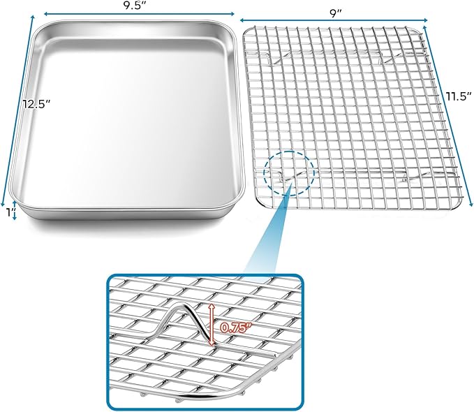 TeamFar Baking Tray with Rack, 12.5 x 10 x 1 Inch Stainless Steel Toaster Oven Baking Pan with Grid Rack for Baking Roasting Cooling, Healthy & Heavy-Duty, Oven & Dishwasher Safe, 2pcs
