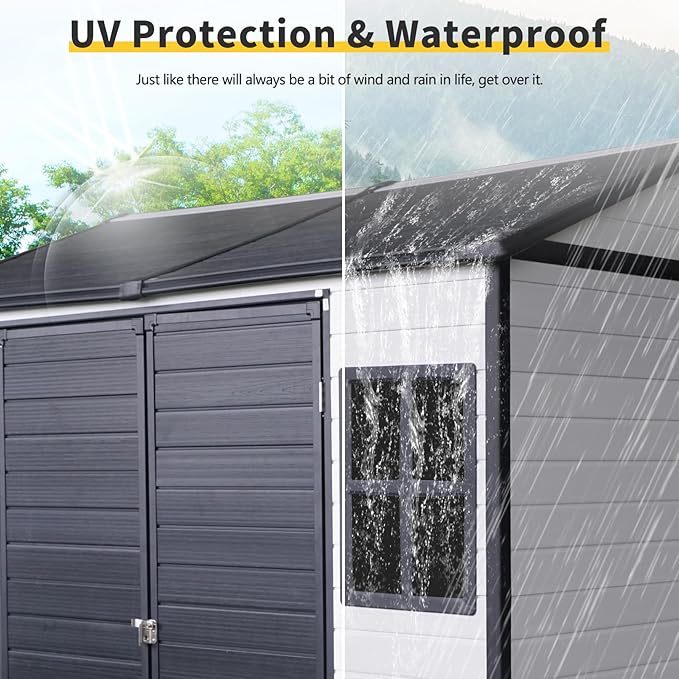 8x6 FT Outdoor Storage Resin Shed with Floor, Waterproof Plastic Garden Tool Shed with Windows, Vents & Lockable Door and Sloped Roof, Easy to Assemble Bike Shed for Patio, Backyard, Lawn, White