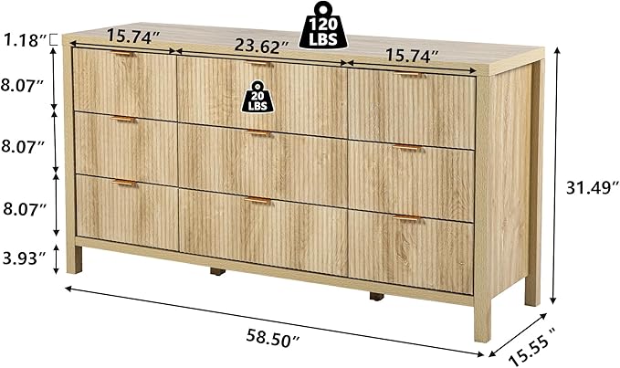 Fluted 9 Drawer TV Stand Dresser for Bedroom, Mid Century Modern Dresser with Drawers, Storage Organizer with 9 Drawers, Fluted Cabinet for Closet Cloth, Living Room, Entryway -Natural