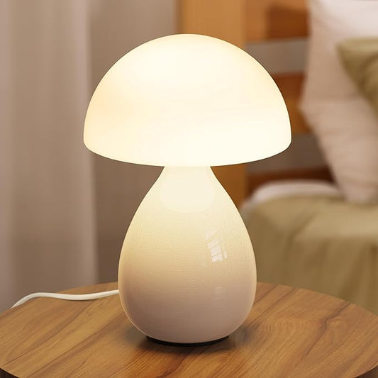 Mushroom Lamp Small Vintage Table Light, Mini Modern Lamp Bedside Nightstand LED, Small Light Dimmable for Bedroom, Living Room, Ceramic Base Glass Led Home Decor for Woman Gifts