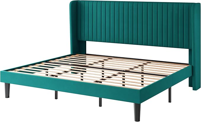 SHA CERLIN King Size Velvet Bed Frame with Vertical Channel Tufted Wingback Headboard, Upholstered Platform Bed with Wood Slats, No Box Spring Needed, Easy Assembly, Teal