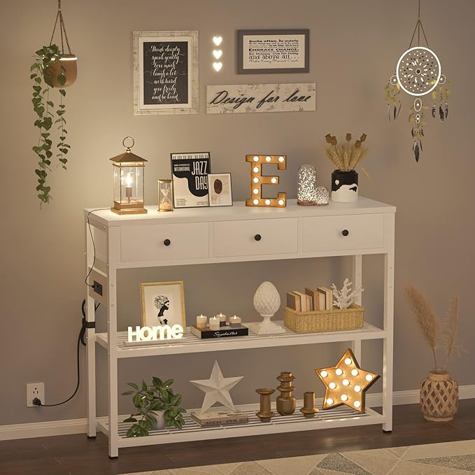 Ecoprsio 47'' Entryway Table with Outlets and USB Ports, Console Table with 3 Drawers, Sofa Table Narrow Long with Storage Shelves for Living Room, Couch, Hallway, Foyer, Kitchen Counter, White