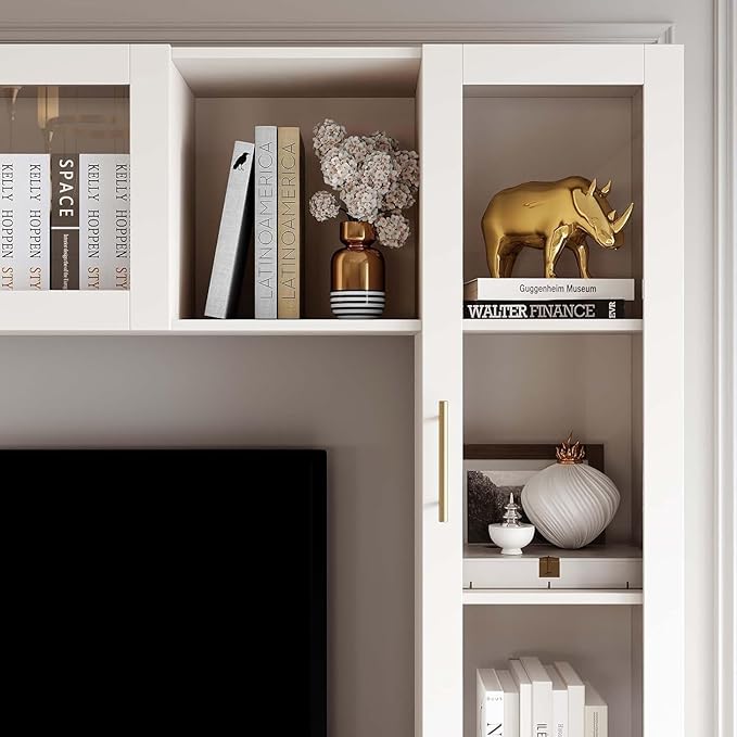 Entertainment Wall Unit, 4-Piece Large TV Stand Wall Unit Entertainment Center with Bookshelves & Storage, Wall Media Center with Shelves for TVs Up to 70", Media Console for Living Room, White.