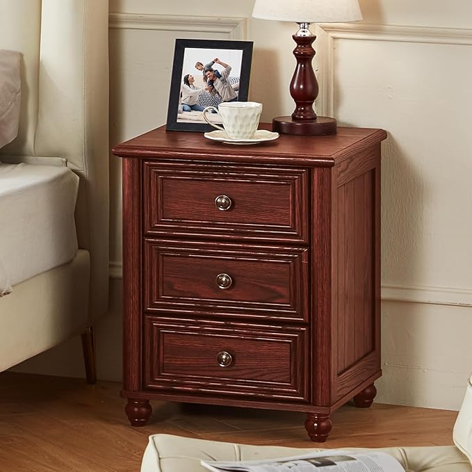 18" Farmhouse Night Stand Set of 2, Red Oak Wood Nightstand with 3 Drawers, Bedside End Table with Storage and Roman Column, Bed Side Tables Cabinet for Bedroom, Living Room, and Closet