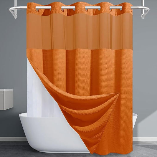 Burnt Orange Long No Hook Shower Curtain with Snap in Liner,230GSM Waffle Weave Shower Curtains for Bathroom,71W x 86H
