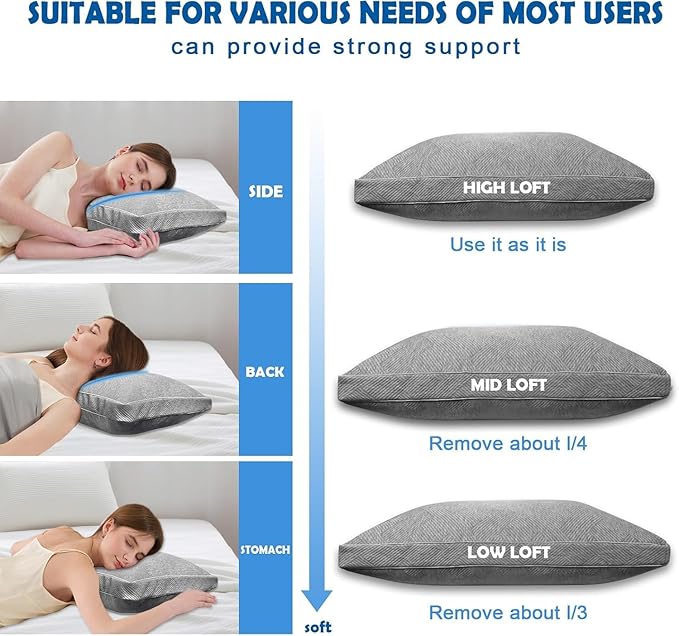 Shredded Foam Pillow Queen Size - Cooling Memory Foam Pillows That Stay Cold Adjustable Pillows for Sleeping Double-Sided Pillowcase