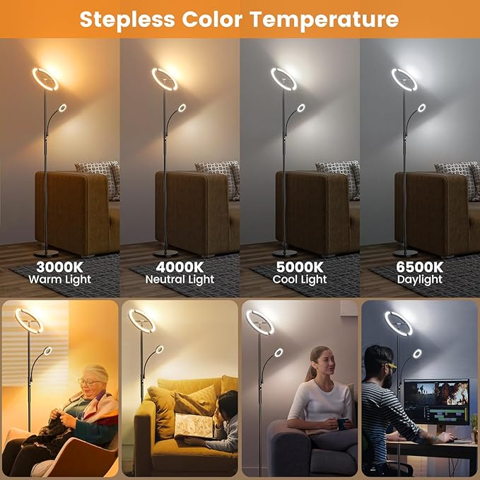 Upgraded 2-in-1 LED Floor Lamp - Dimmable Mother-Daughter Standing Lamp with Remote&Touch Control, 29W Bright Floor Reading Light, Black Modern Standing Light for Living Room Bedroom Office