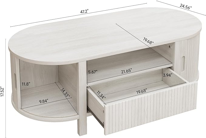 47.2 Inch Oval Coffee Table with Storage, Mid Century Modern Coffee Table with Drawer, Center Table with Sliding Door and Wood Fluted Handle for Living Room, Natural White