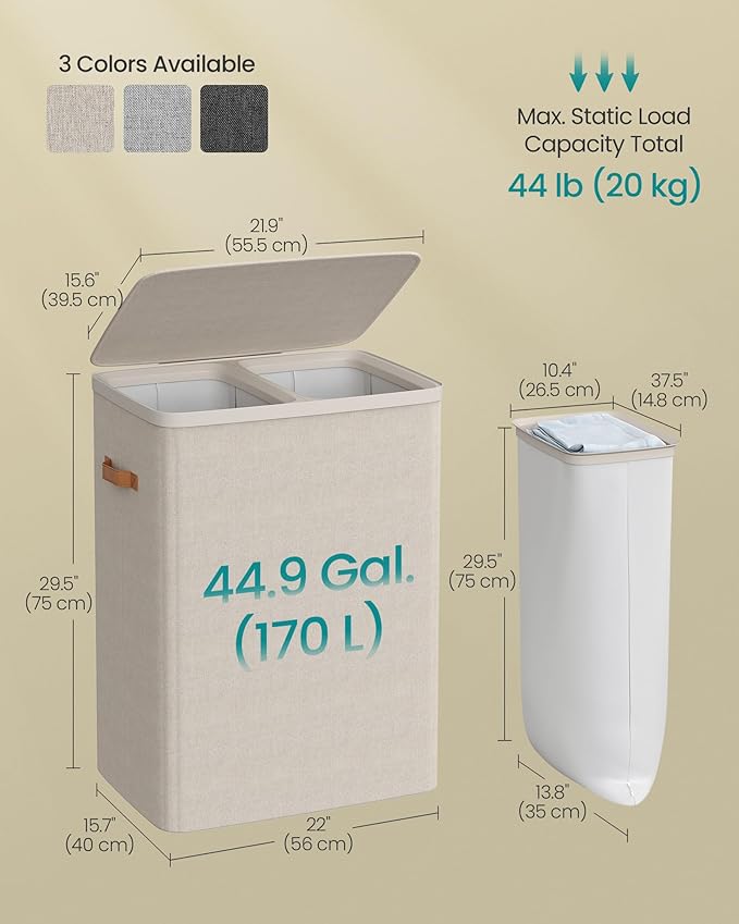 SONGMICS Laundry Basket, 44.9 Gal. Laundry Hamper, 2 Compartments, Easy Assembly, with Lid and Handles, Removable Liners, 22 x 15.7 x 29.5 Inches, Cappuccino Beige ULCB813L01