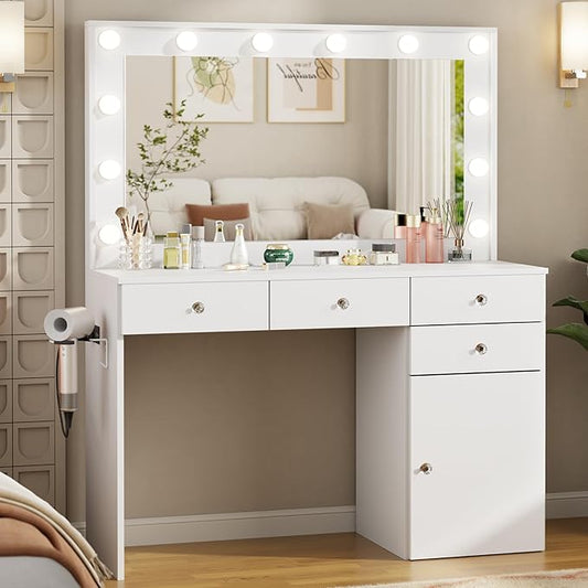 Vanity Desk with Mirror and Lights, 41.4'' Makeup Vanity Desk with 4 Drawers and Large Cabinet, 3 Lighting Modes Adjustable Brightness, White Vanity with Power Outlet for Bedroom