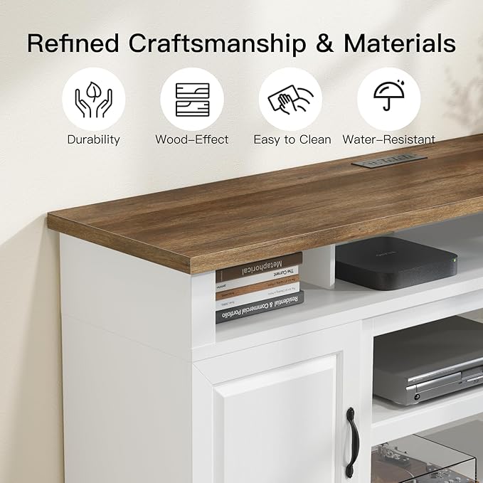 Marsail Modern Farmhouse TV Stand, Entertainment Center with Storage Cabinets, Adjustable Shelves and Power Outlets for Televisions up to 80 Inch, TV Console Table for Living Room, Brown&White