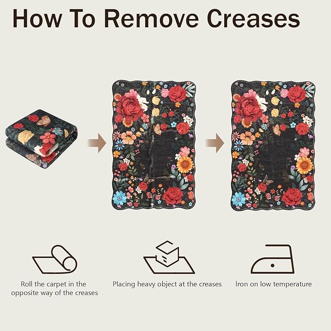 8'x10' Washable Rugs for Living Room, Soft Lightweight Non Slip Stain Resistant Dining Room Vintage Boho Floral Black Rug Easy Clean Throw Carpet for Bedroom