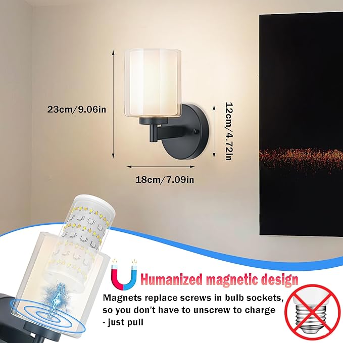 Battery Operated Wall Sconce Set of 2, Wireless Wall Sconce with Remote,10000mAh Rechargeable RGB Dimmable Bathroom Light Fixtures with Double Clear Glass Shade NOT Hardwired