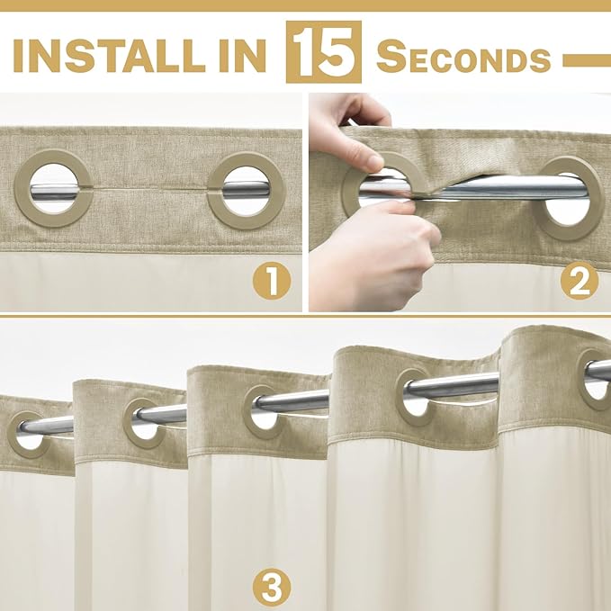 No Hook Shower Curtain with Snap in Liner, Polyester Textured Shower Curtain with Liner Set, Waterproof Washable Hotel Style Shower Curtains for Bathroom, 71Wx74H, Khaki