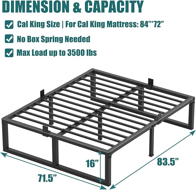 16 inch California King Bed Frame,3500 lbs Heavy Duty Metal Platform,Steel Slats Support/No Box Spring Needed/Noise Free/Non-Slip/Easy Assembly