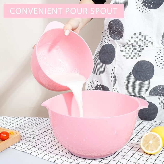 BoxedHome 4 Quart Large Plastic Mixing Bowls, Microwave Safe Mixing Bowl Set with Pour Spout, Nesting Bowls for Space Saving Storage(Fading Rose)