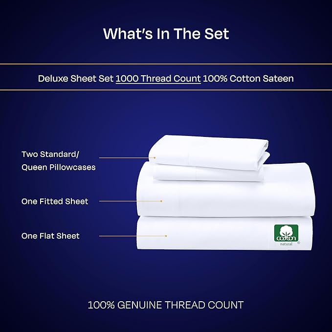 California Design Den Queen Sheet Set - Luxury 1000 Thread Count Sateen, Thick and Natural 100% Cotton Bedsheets, Deep Pockets, Soft, Breathable and Durable Bedding Set - White