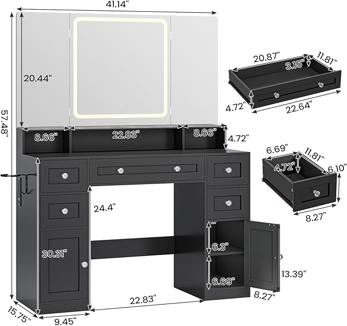 Vanity Desk with Mirror and LED Light, Large Makeup Vanity with Trifold Mirror and Charging Station, 5 Drawers for Storage, Black Modern Makeup Desk with Hidden Jewelry Hook for Bedroom, Women Girls