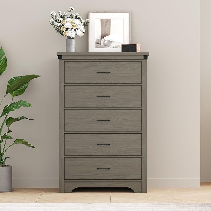 Farmhouse 5 Drawer Dresser for Bedroom, 47" Tall Chest of Drawers, Wood White Dresser with Deep Drawers, Storage Dressers Organizer for Bedroom, Living Room, Hallay, Grey