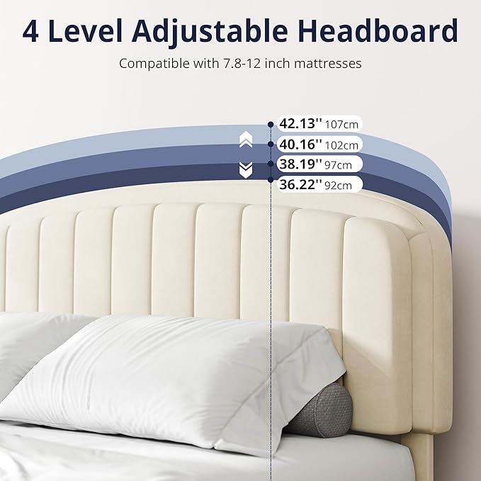 Cozy Castle Full Size Bed Frame, Upholstered Platform Bed with Velvet Adjustable Curved Headboard, Mattress Foundation with Strong Wooden Slats, No Box Spring Needed, Easy Assembly, Cream