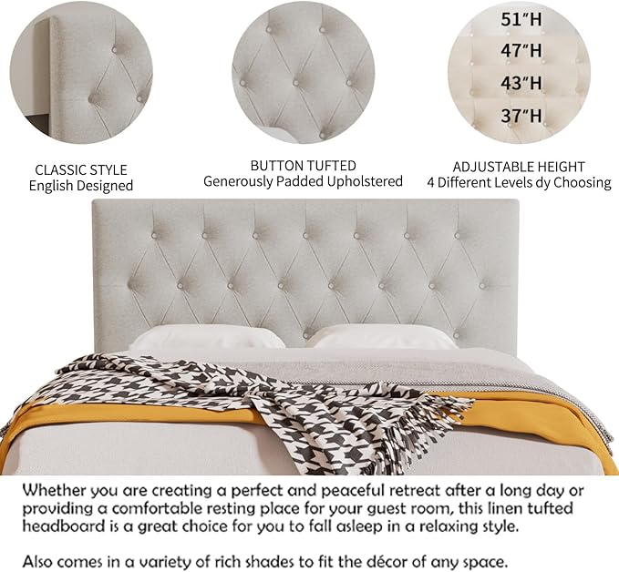 Rosevera Givanna Adjustable Height Headboard with Linen Upholstery and Button Tufting for Bedroom, King, Natural Linen