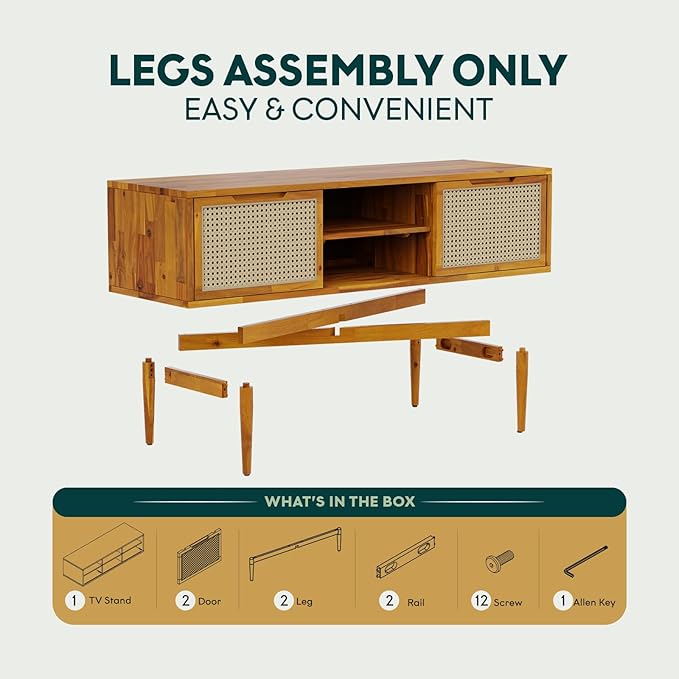 Bme Oliver TV Stand for TVs up to 55", Mid-Century Solid Wood TV Console with Natural Rattan Door, Media TV Console, Entertainment Center with Storage, Fluted Media Cabinet for Living Room, Caramel