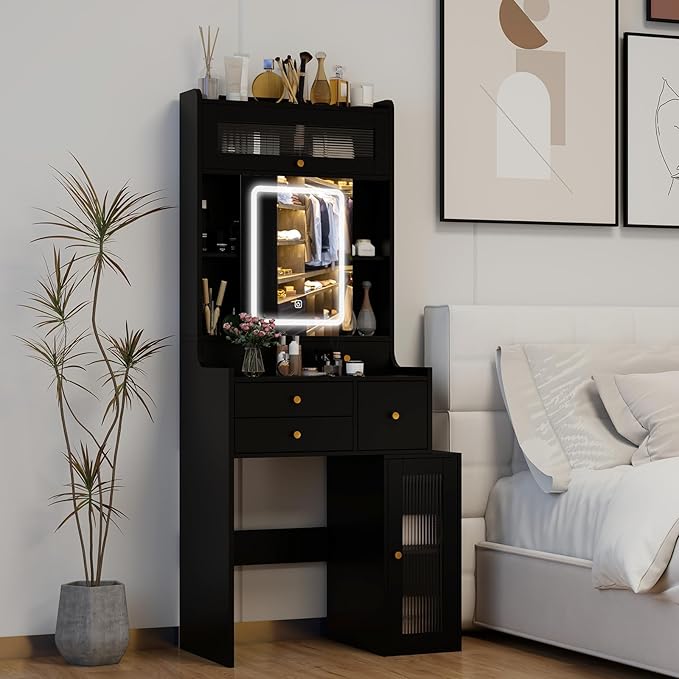ARTETHYS Small Vanity Desk with Sliding Mirror and Lights Black Makeup Vanities Set with Drawers Compact Dressing Table with Cabinet and Adjustable Shelves for Bedroom