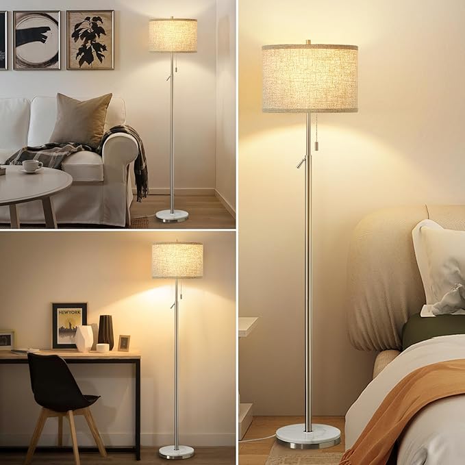 GyroVu Marble Floor Lamp, Adjustable Height Standing Lamp with Marble Base Tall Lamp with Pull Chain Switch Floor Lamps for Living Room, Bedroom & Office Bulbs Not Included(Silver)
