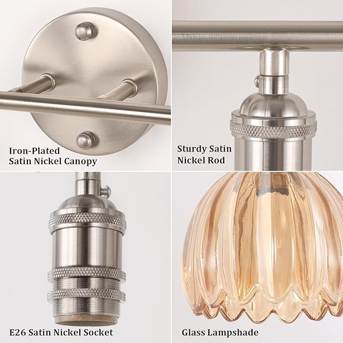 Bathroom Light Fixtures, 2-Light Vanity Wall Light Over Mirror with Amber Tulip Glass Shade for Bedroom Living Room, Satin Nickel