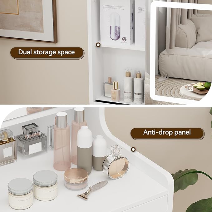 YOURLITE Small Vanity Desk with Mirror and Lights,Makeup Vanity Table with Chair and Drawers for Small Space, Compact Dressing Table with Sliding Door for Bedroom