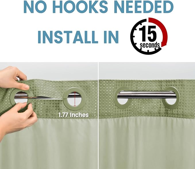 Sage Green Long Hotel Shower Curtain - 230GSM Waffle Textured Heavy Duty Thick Fabric Shower Curtains for Bathroom,71W x 86H