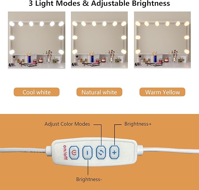 Vanity Desk with Mirror and Lights, Modern Makeup Vanity with Sliding Mirror and 10 LED Light Bulbs, Makeup Vanity Set with 5 Drawers, Hidden and Open Storage Shelves, Vanity Table for Bedroom, White