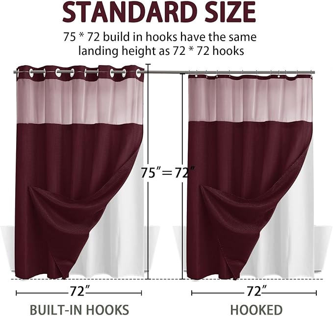 YellyHommy No Hook Shower Curtain with Snap in Liner Set Less Time Waffle Shower Curtain for Bathroom 75" L x 72" W Burgundy