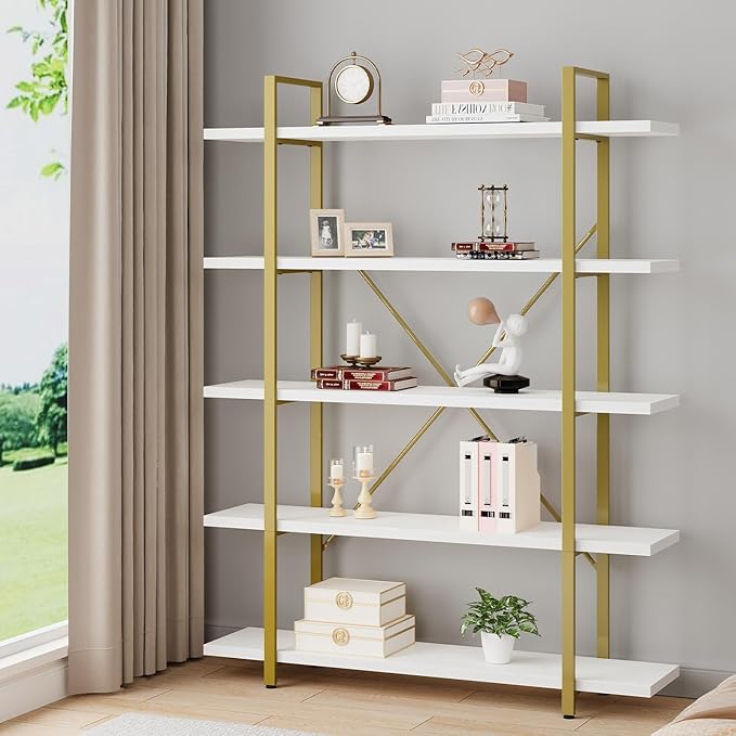 HSH 5 Tier White and Gold Bookshelf, Tall Storage Bookshelves for Bedroom Living Room Office, Metal and Wood Large Book Shelves, Modern Vertical 5 Shelf Bookcase, Farmhouse Big Open Display Book Shelf