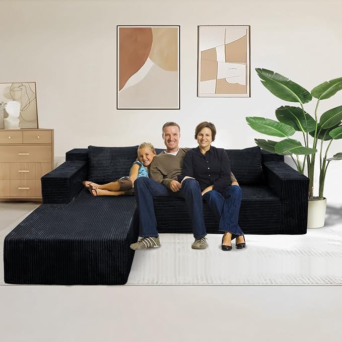 103" Cloud Sectional Sofa, Boneless L-Shape Couch with Chaise, Modern Minimalist Modular Couch for Living Room, Free Combination, Deep Seat, No Assembly Required, Premium Corduroy, Black, L