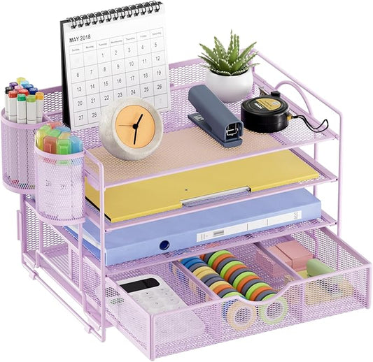 Marbrasse 4-Trays Desk File Organizer with 2 Pen Holder, Desktop Hanging File Holder with Drawer, Paper Letter Tray Organizer (Purple)