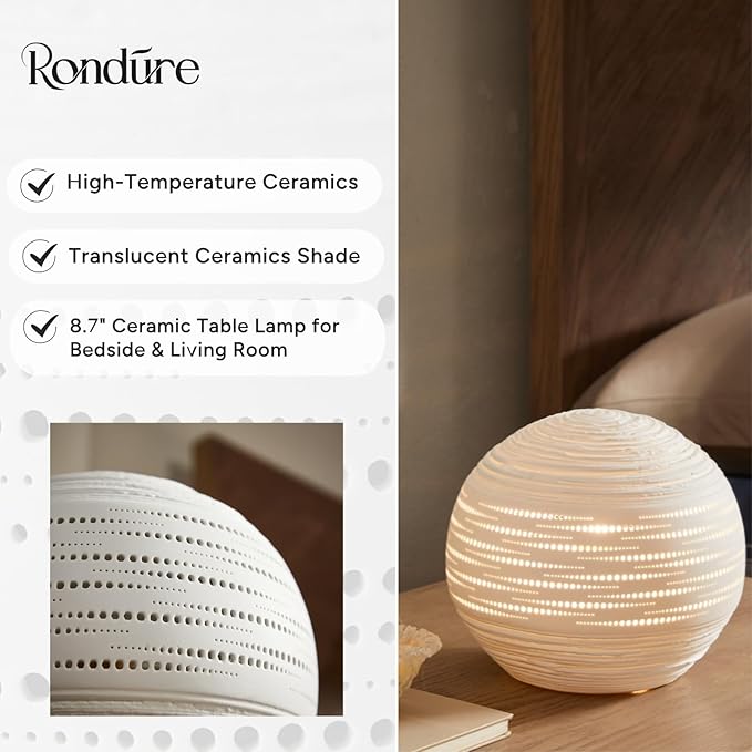 RONDURE 8.7" Modern Ceramic Table Lamp, Modern Bedside Lamps for Bedroom, Living Room and Nightstand, White Translucent Ceramic Shade, Warm Ambient Lighting, Home Decor