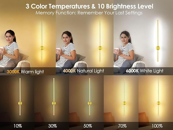 23.6 Inch Battery Operated Wall Sconce, 12000mAh Rechargeable Wall Sconce with Remote Control, Dimmable LED Wireless Wall Light for Bedroom, Living Room, 15 Colors, 180° Rotate, Gold, 1 Pack