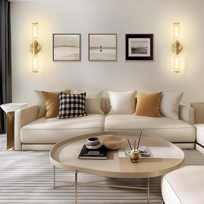 Bathroom Light Fixtures, Gold Wall Sconce in Threaded Glass Indoor Vanity Lights, Modern Bathroom Vanity Light Up and Down Sconces Wall Lighting for Bathroom, Living Room - Bulb Not Included