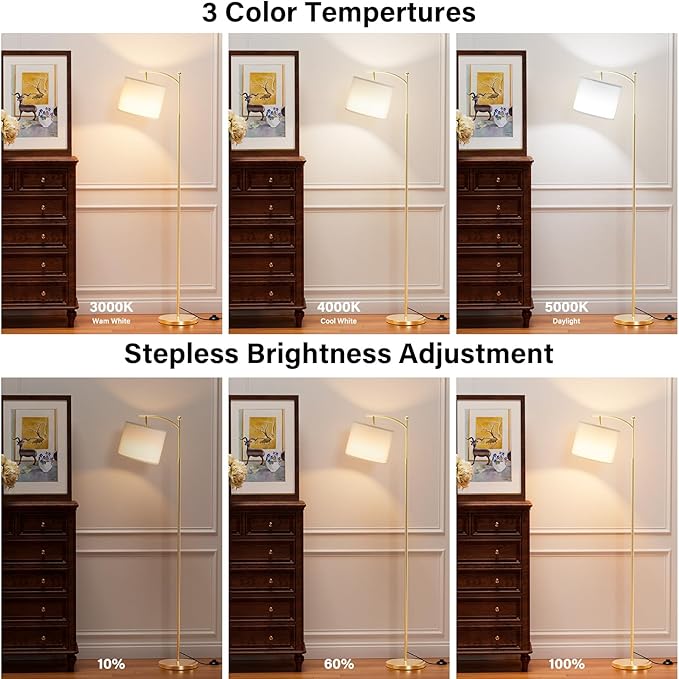 60" Floor Lamps with Remote Control & Bulb, Colors Temperature & Brightness Adjustable, White Shade & Gold Pole