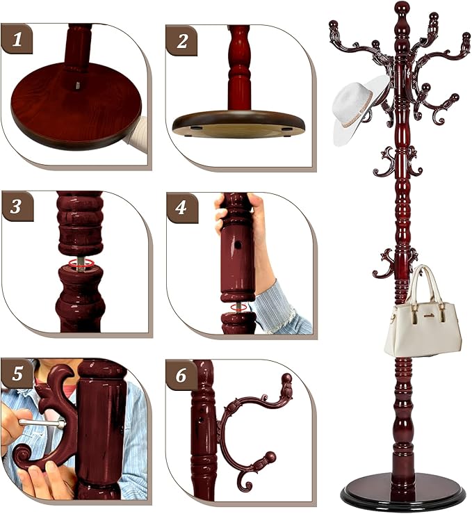 73”Vintage Wooden Coat Rack Freestanding,With 14 Hooks and Sturdy Round Base.Sturdy and Durable Standing Coat Racks，Adjustable Wooden Freestanding Coat Rack for Offices, Bedrooms (Mahogany)