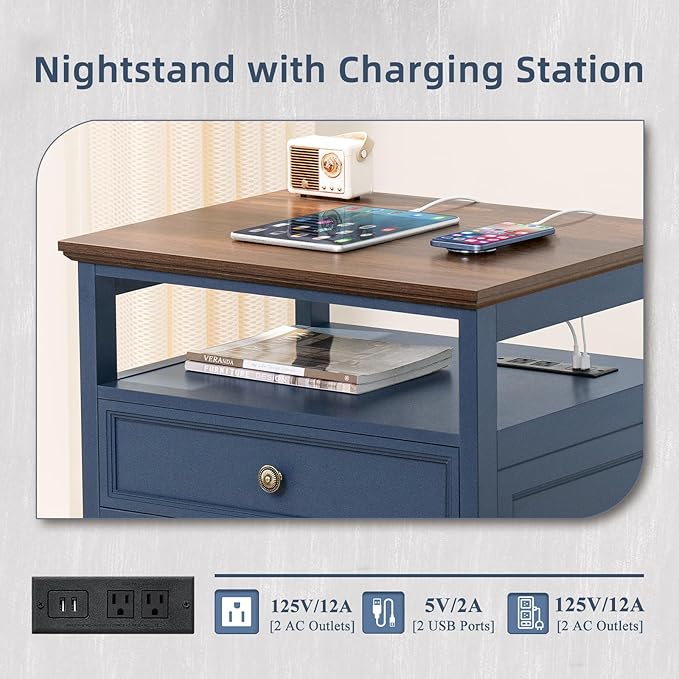 Farmhouse Nightstand Set of 2 with Charging Station, 24" Wide End Table with 2 Drawers,Wood Dresser for Bedroom,Bed Side Table Chest of Drawers Cabinet,Navy BlueNight Stand for Living Room