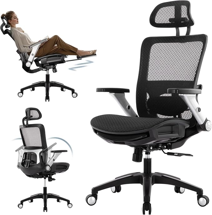 COLAMY Ergonomic Office Chair with Footrest, High Back Mesh Desk Chair with Adjustable Lumbar Support, 3D Armrests, Headrest, Recline Function, Rolling Swivel Task Chair for Home Office (Graphite)