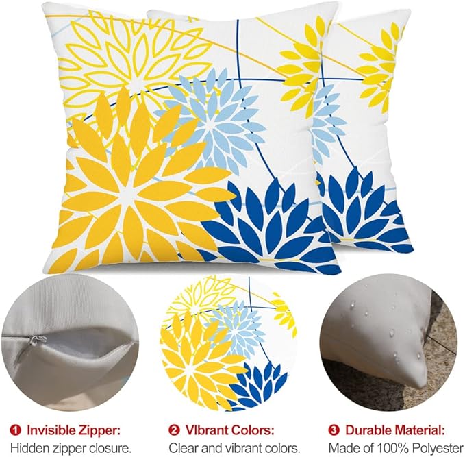 Yellow Blue Outdoor Pillow Cover 20X20 Inch Set of 2 Outdoor Waterproof Summer Floral Yellow Decorative Pillow case Decor for Couch Patio Funiture Garden Print Polyester Cushion Cover 01J20