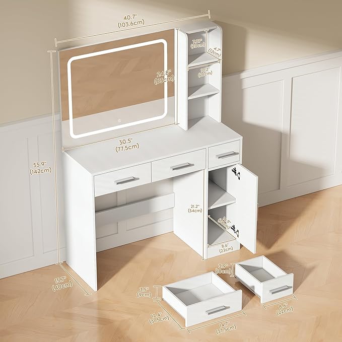 Newly Designed Smart Mirror Vanity Dresser, Soft and Non-Glaring Light，Makeup Vanity with Drawers for Bedroom Dressing Room, Women Girls (White)