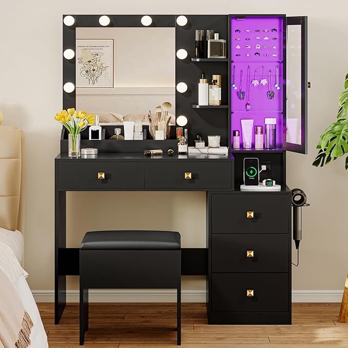Vanity Desk with Mirror and Lights, Makeup Vanity Table Set with 5 Storage Drawers, Power Outlet & Chair, Small Dressing Table with RGB Ambient Light, Adjustable Brightness for Girls Bedroom, Black