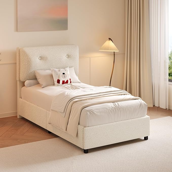 Twin Bed Frames,Breathable Boucle Fabric Upholstered Bed Frame Twin with Headboard,Removable and Washable,Wood Slat Support,No Box Spring Needed,Easy Assembly,Cama Individual,Beige