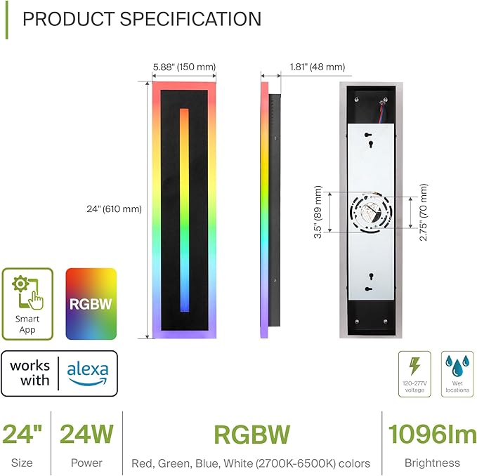 ASD LED 24" Long Wall Mount Light Fixture, Outdoor & Indoor Linear Sconce | RGBW, Smart, Waterproof, Anti-Rust, ETL Listed | 24W 1100LM 2700-6500K 100-277V | Exterior Porch Lighting | Black