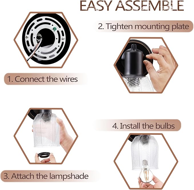 Wall Sconces Set of 2 - Matte Black Vanity Lights for Bathroom Modern Wall Light Fixtures with Rotary Switch - Wall Mount Light with Stripe Glass,Farmhouse Wall Lamp for Bedroom Mirror Living Room